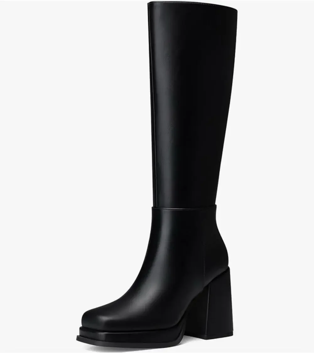 Cellenz Women Knee High Platform Boots Chunky Block Heel Square Toe Black Size 9